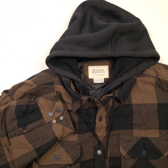 Boston Traders Other - Boston Traders Hooded Shirt Jacket Mens XXL Brown Buffalo Plaid Quilted Grunge